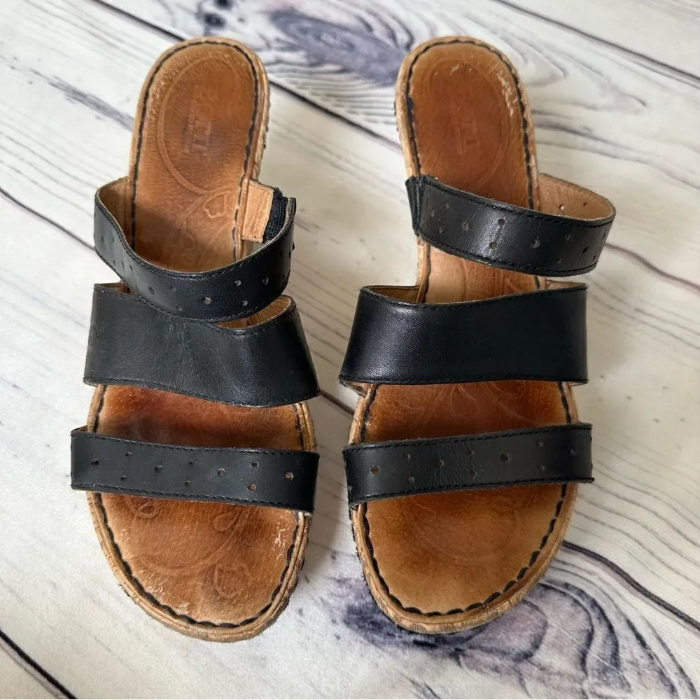 BORN Cork 3” Wedge Heel Strappy‎ Slip-On Black Leather Sandals Sz 10 Platform